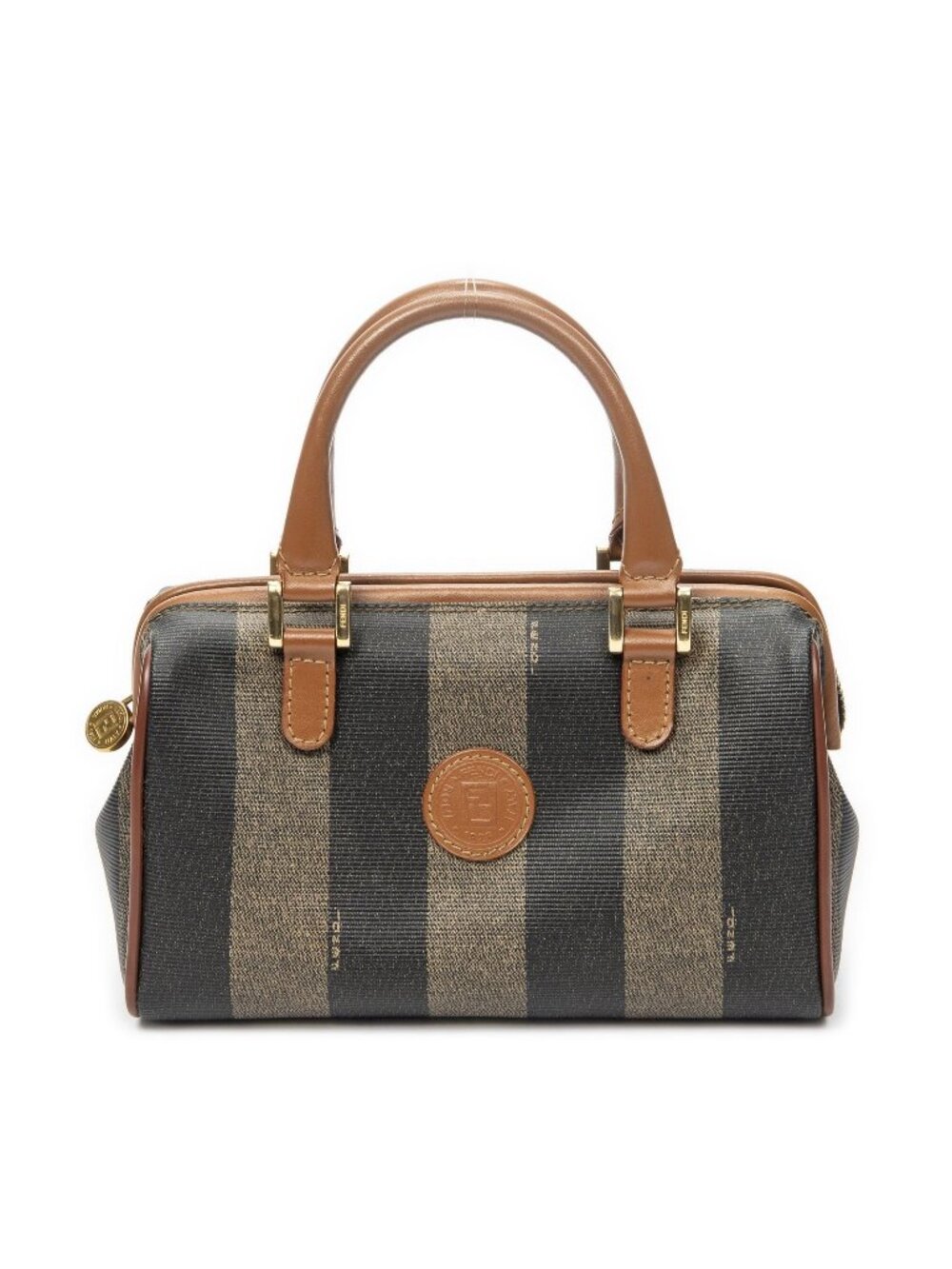Fendi Frame Boston Brown Black Pecan Stripe Canvas Handbag